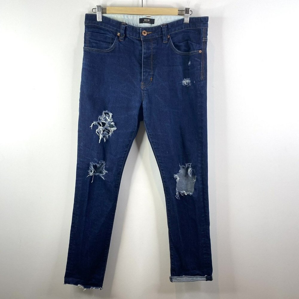 Neuw Ray Tapered Denim Blue Jeans Distressed Destroyed Raw Hem Size 33 x 29